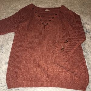 Orange Knit Lace Up Sweater